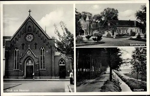 Ak Neersen Willich am Niederrhein, Kirche, Schlosseingang, Ortspartie