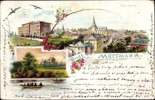 Litho Mettmann in Nordrhein Westfalen, Totalansicht, Seminar, Bahnhof mit Teich