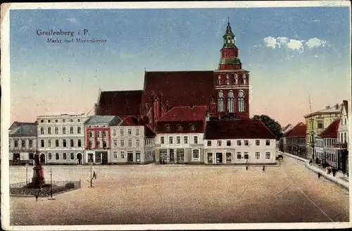 Ak Gryfice Greifenberg Pommern, Markt, Marienkirche, Denkmal
