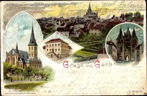 Litho Goch am Niederrhein, Steinthor, Kirche, Rathaus, Panorama