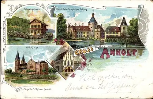 Litho Anholt Isselburg in Westfalen, Schweizerhaus, Fürstl. Salm Salm'sches Schloss, Kath. Kirche