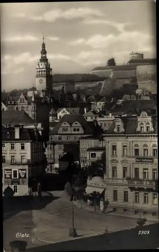 Ak Kłodzko Glatz Schlesien, Teilansicht der Stadt, Kirchturm, Hotel