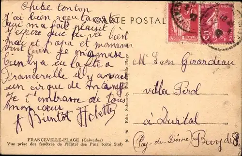 Ak Franceville Plage Calvados, Vue prise des fenetres de l'Hotel des Pins