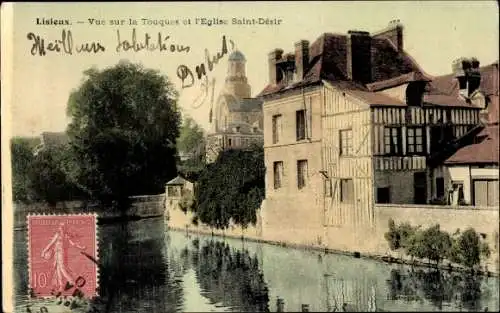 Ak Lisieux Calvados, Vue sur la Touques, L'Eglise Saint Desir