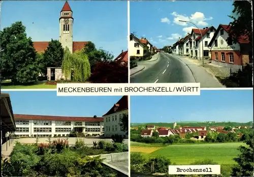 Ak Meckenbeuren in Oberschwaben Württemberg, Gesamtansicht, Brockenzell, Straßenpartie, Kirche