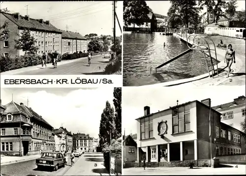 Ak Ebersbach in Sachsen Oberlausitz, Neubaugebiet, Sommerbad, Bahnhofstraße, Krankenhaus