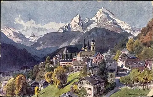 Künstler Ak Compton, Edward H., Berchtesgaden in Oberbayern, Blick auf den Ort