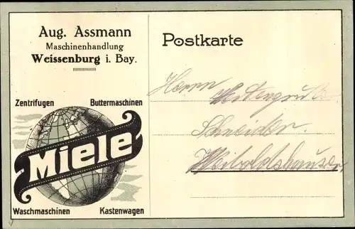 Ak Weißenburg in Mittelfranken Bayern, Maschinenhandlung Aug. Assmann, Miele