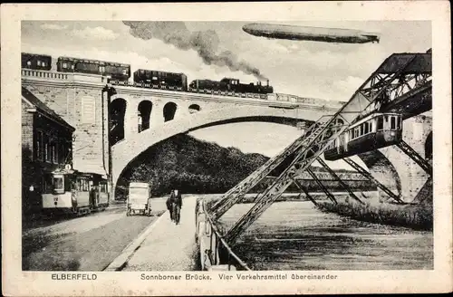 Ak Elberfeld Wuppertal, Sonnborner Brücke, Schwebebahn, Zeppelin, Straßenbahn, Eisenbahn