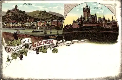 Litho Cochem an der Mosel, Burg, Blick auf den Ort