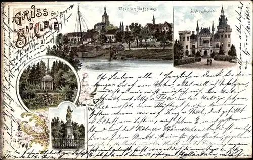 Litho Kleve am Niederrhein, Lohengrin Denkmal, Hafen, Schloss Mayland