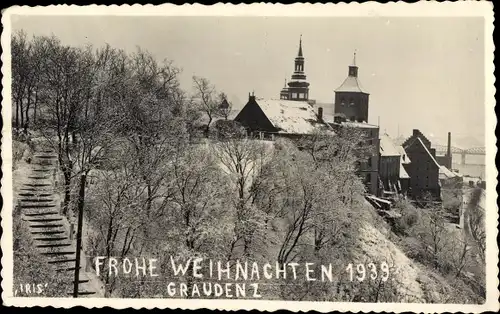 Foto Ak Grudziądz Graudenz Westpreußen, Glückwunsch Weihnachten, Blick auf den Ort, Winter