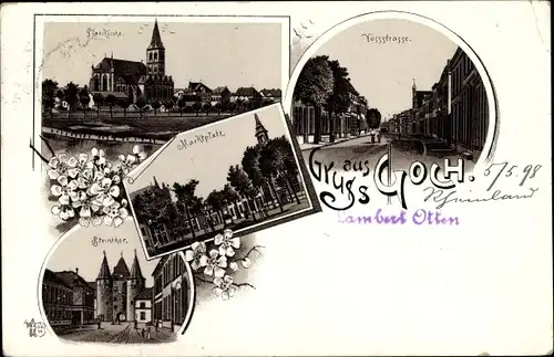 Litho Goch am Niederrhein, Pfarrkirche, Marktplatz, Steintor, Vossstraße