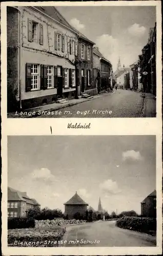 Ak Waldniel Schwalmtal am Niederrhein, Lange Straße, Evangelische Kirche, Schule, Eickener Straße