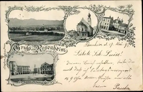 Ak Rosenheim Oberbayern, Ludwigsplatz, Pfarrkirche, Totalansicht