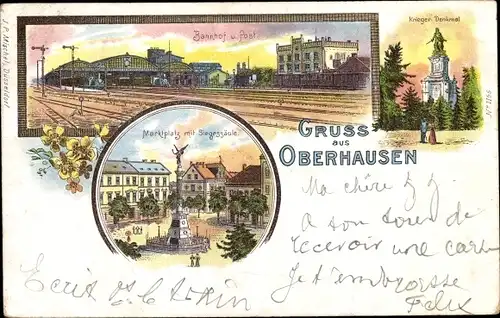 Litho Oberhausen im Ruhrgebiet, Bahnhof, Post, Krieger Denkmal, Marktplatz, Siegessäule