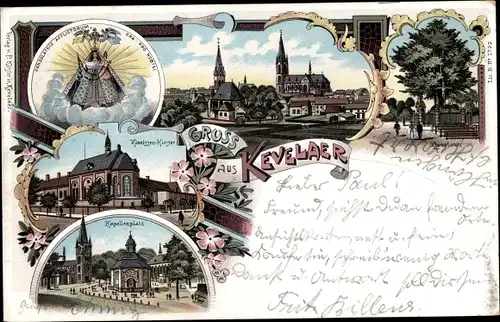 Litho Kevelaer am Niederrhein, Kapellenplatz, Kloster, Kirche, Blick auf den Ort