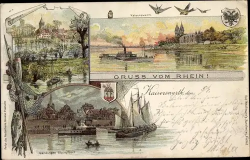 Litho Uerdingen Krefeld am Niederrhein, Kasierswerth, Rheintor, Dampfer Prinz Heinrich, Fisch