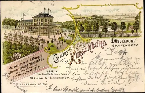 Litho Grafenberg Düsseldorf am Rhein, Sommerlokal Hirschburg