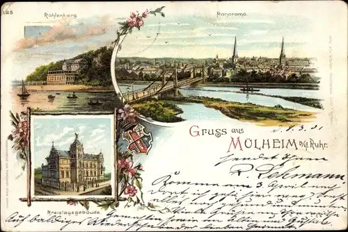 Litho Mülheim an der Ruhr, Kahlenberg, Panorama, Kreistagsgebäude