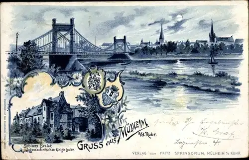 Mondschein Litho Mülheim an der Ruhr, Schloss Broich, Ruhrbrücke