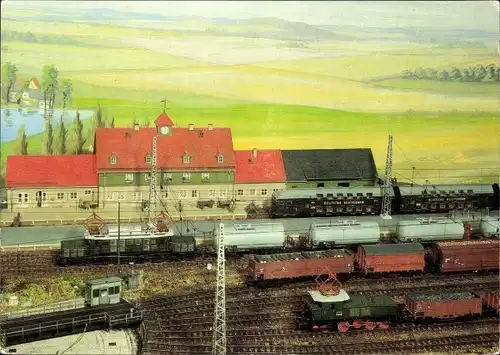 Ak Modelleisenbahn, H0 Zimmeranlage Günter Lehnert 1980, Bahnhof, Triebfahrzeuge Deutsche Reichsbahn