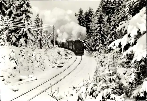 Ak Deutsche Eisenbahn, Dampflokomotive, Harzquerbahn im Winter