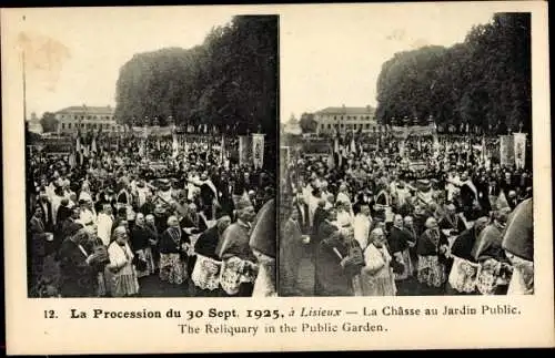 Stereo Ak Lisieux Calvados, La Procession 1925, La Chasse au Jardin Public