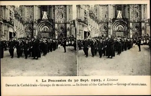 Stereo Ak Lisieux Calvados, La Procession 1925, Devant la Cathedrale, Groupe de musiciens