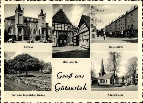 Ak Gütersloh in Westfalen, Rathaus, Blessenstätte, Apostelkirche, Botanischer Garten