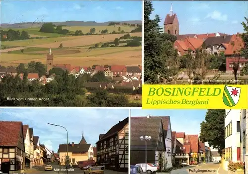 Ak Bösingfeld Extertal in Lippe, Gesamtansicht, Blick von Grünen Anger, Ev. Kirche, Mittelstraße