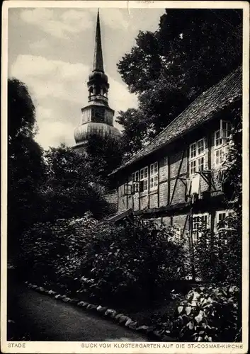 Ak Stade in Niedersachsen, Blick vom Klostergarten auf die St. Cosmae Kirche