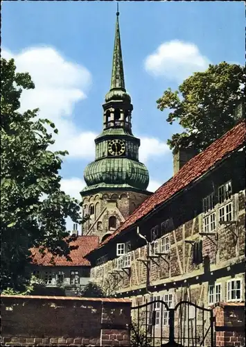 Ak Stade in Niedersachsen, Blick vom Klostergarten auf die St. Cosmae Kirche