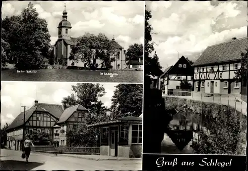 Ak Schlegel Zittau in Sachsen, Kirche, Straßenpartie, Fachwerkhaus