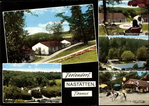 Ak Nastätten im Taunus, Feriendorf, Blockhaus, Waldschwimmbad, soniger Südhang