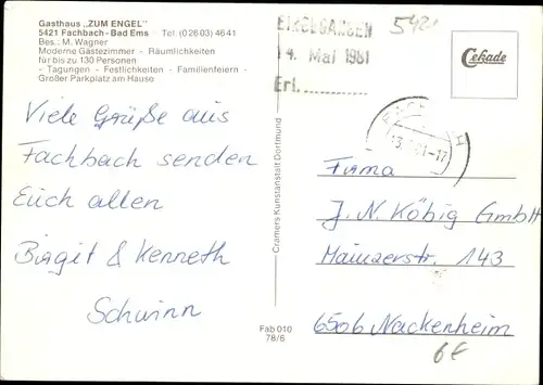 Ak Fachbach in Rheinland Pfalz, Gasthaus zum Engel