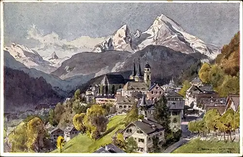 Künstler Ak Compton, Edward H., Berchtesgaden in Oberbayern, Blick auf den Ort