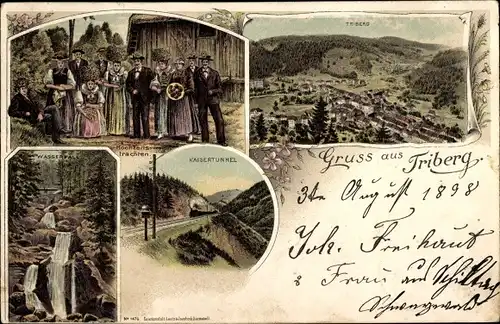 Litho Triberg im Schwarzwald, Gesamtansicht, Kaisertunnel, Wasserfall, Hochzeitstracht