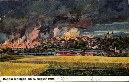 Ak Donaueschingen im Schwarzwald, 05.08.1908, Großbrand, Gesamtansicht