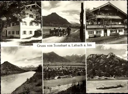 Ak Sonnhart Nussdorf am Inn Oberbayern , Labach, Gasthof, Innfähre, Heuberg, Kranzhorn