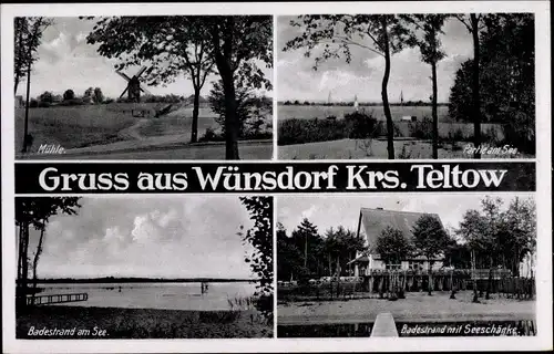 Ak Wünsdorf Zossen Brandenburg, Mühle, See, Badestrand, Seeschänke