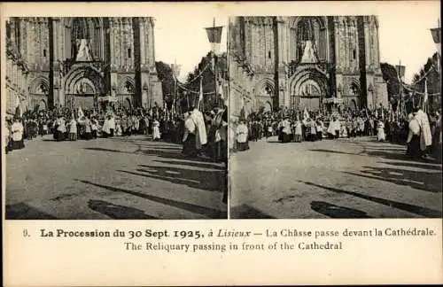 Stereo Ak Lisieux Calvados, La Procession 1925, La Chasse passe devant la Cathedrale