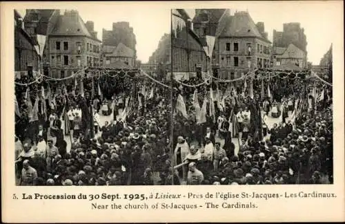 Stereo Ak Lisieux Calvados, La Procession 1925, Pres de l'eglise Saint Jacques, les Cardinaux