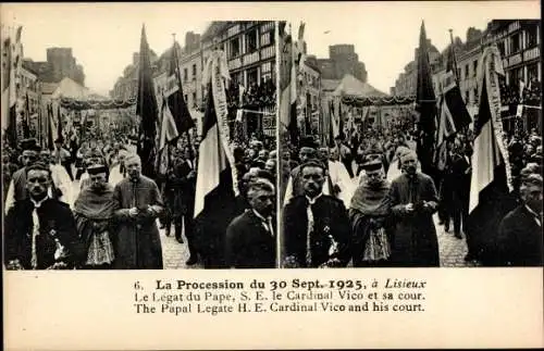 Stereo Ak Lisieux Calvados, La Procession 1925, Le Legat du Pape, S. E. le Cardinal Vico et sa cour