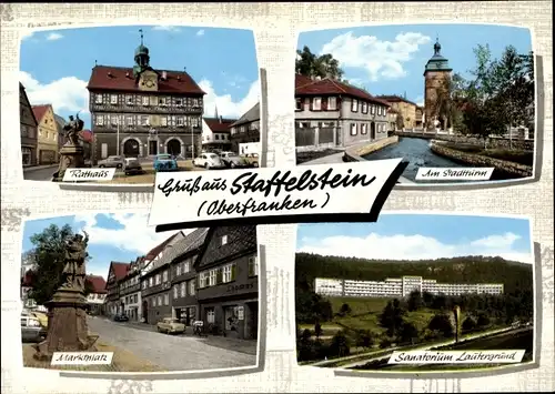Ak Bad Staffelstein am Main Oberfranken, Stadtturm, Sanatorium Lautergrund, Marktplatz, Rathaus
