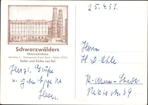 Ak München Bayern, Schwarzwälders Naturweinhaus, Hartmannstraße 8