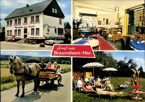 Ak Braunshorn im Hunsrück, Pension zur Post, Kutsche