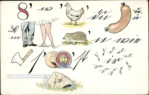 Litho Rebus, Bilderrätselpostkarte No. 318, 8, Huhn, Wirst, Axt, Igel, Stein