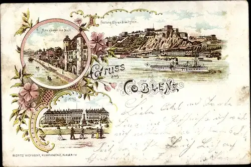 Litho Koblenz in Rheinland Pfalz, Alte Häuser a. d. Mosel, Festung Ehrenbreitstein, Schloss, Dampfer