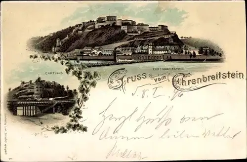 Litho Ehrenbreitstein Koblenz am Rhein, Blick auf den Ort, Festung, Carthaus